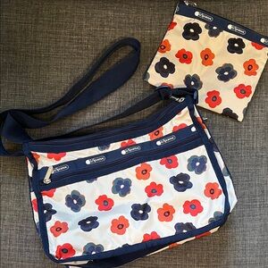 Lesportsac Navy, Orange and Red Floral Crossbody bag with Matching Pouch